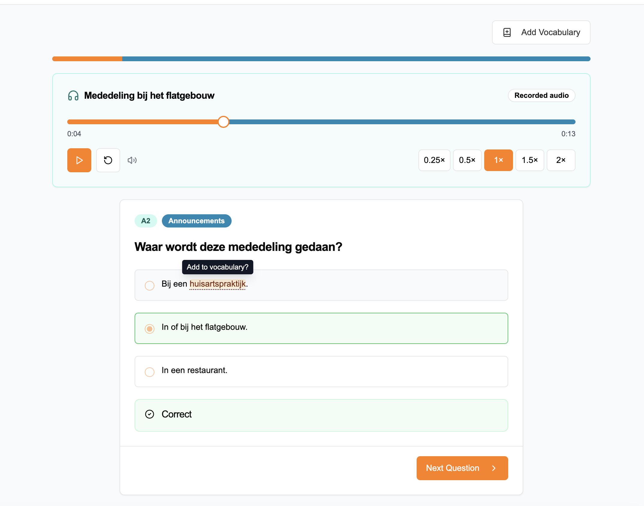 TurkishExam listening exercise with recorded audio and playback controls