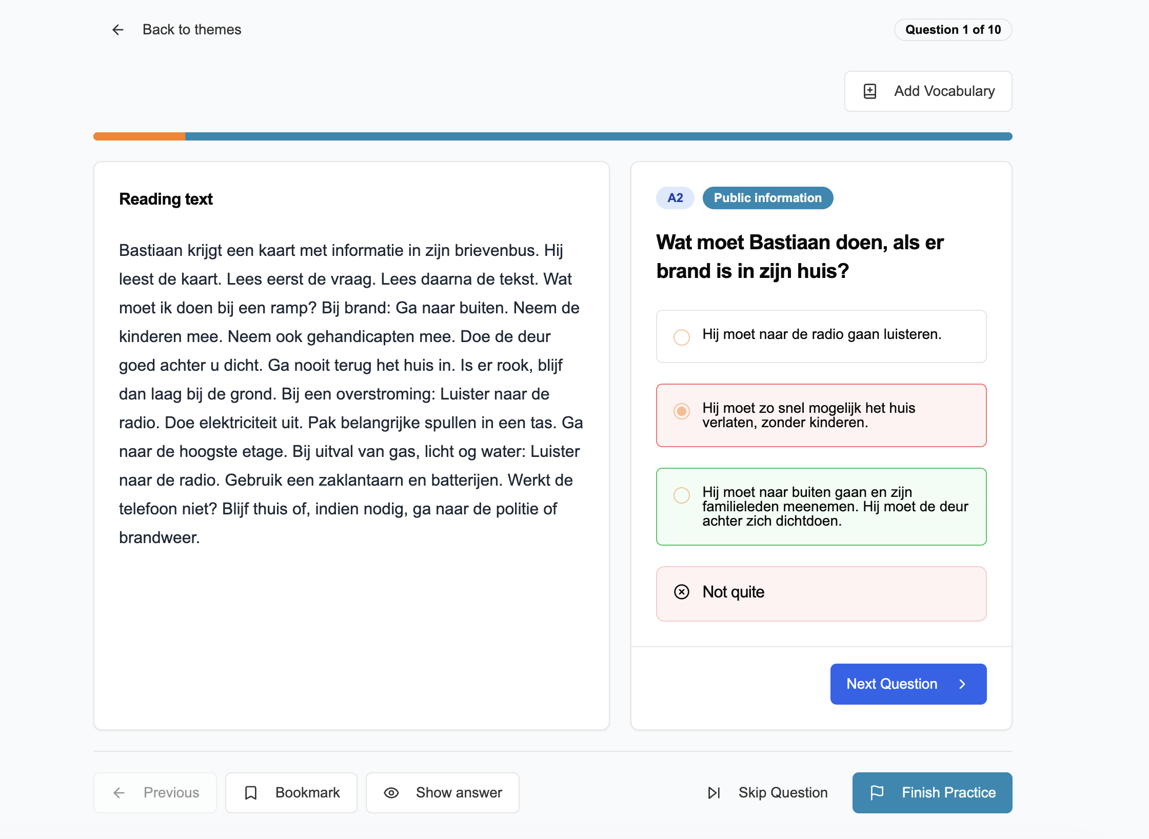TurkishExam reading practice showing immediate answer feedback