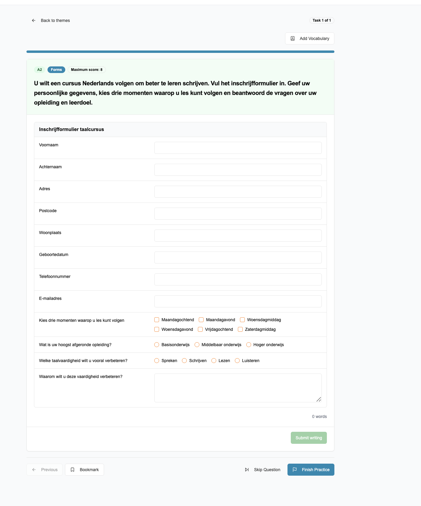 TurkishExam structured Turkish writing task with a realistic form