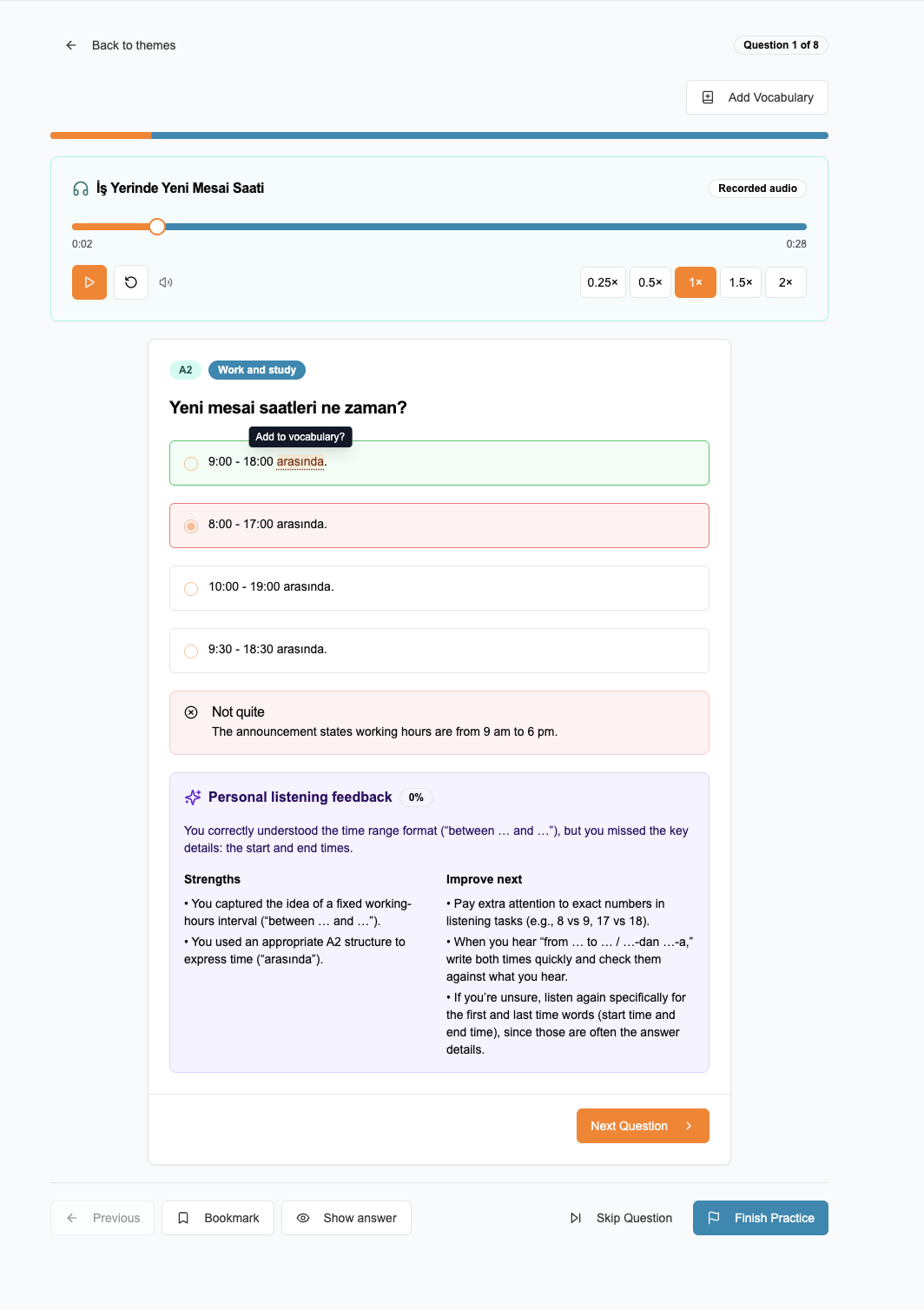 TurkishExam Turkish listening exercise with recorded audio and personal feedback