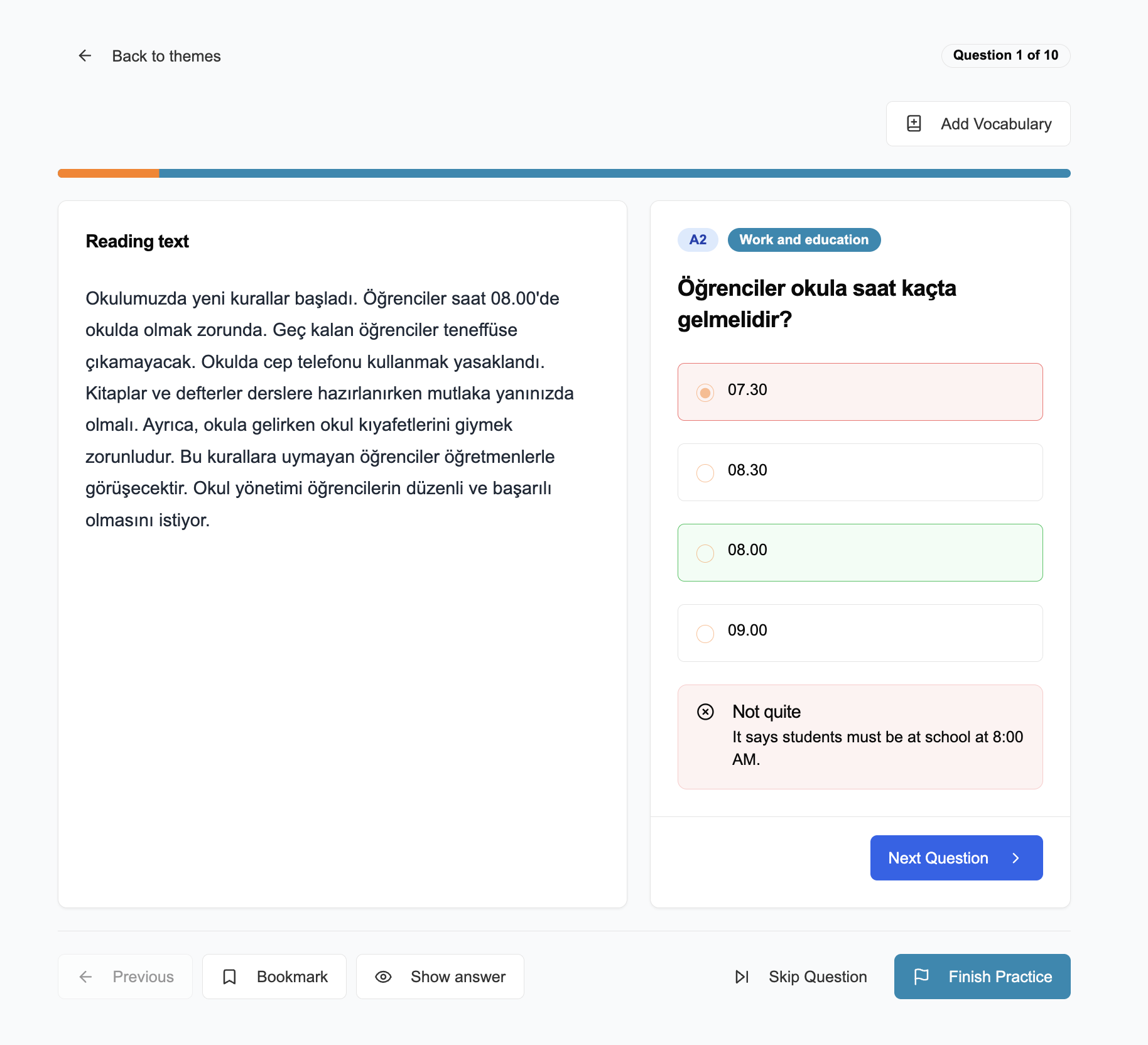 TurkishExam Turkish reading practice showing immediate answer feedback