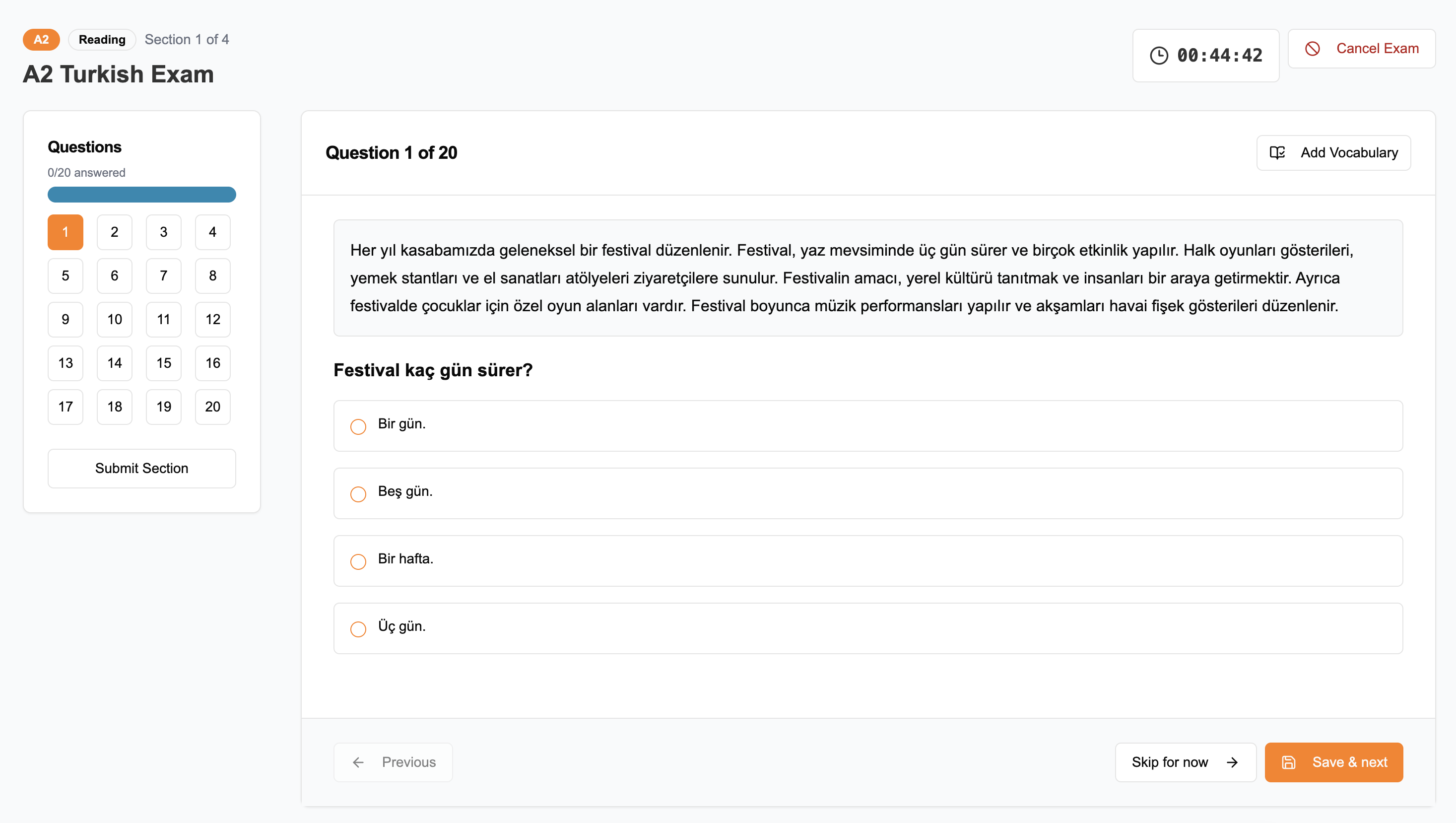TurkishExam timed Turkish reading exam simulation